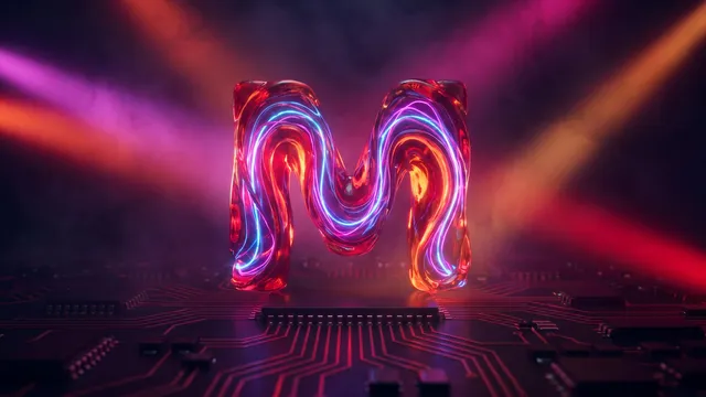 A molten glass letter M glowing in red, magenta and orange on a dark circuit board.